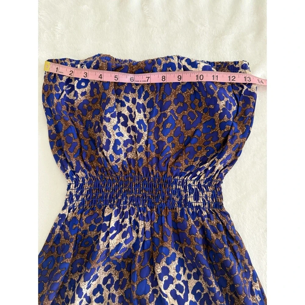 Eighty Sixty Silk Strapless Dress Womens Medium Blue‎ Leopard Smocked Boho_3